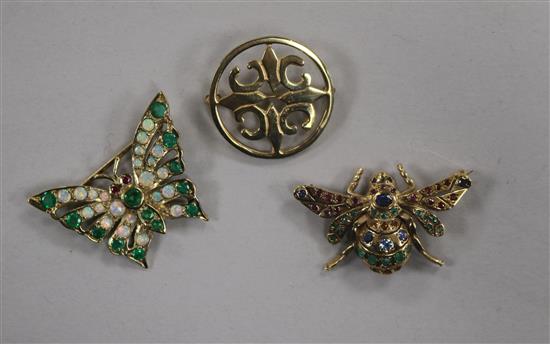 Two Victorian style 9ct gold and gem set bug brooches, bee and butterfly and one other 9ct gold brooch.